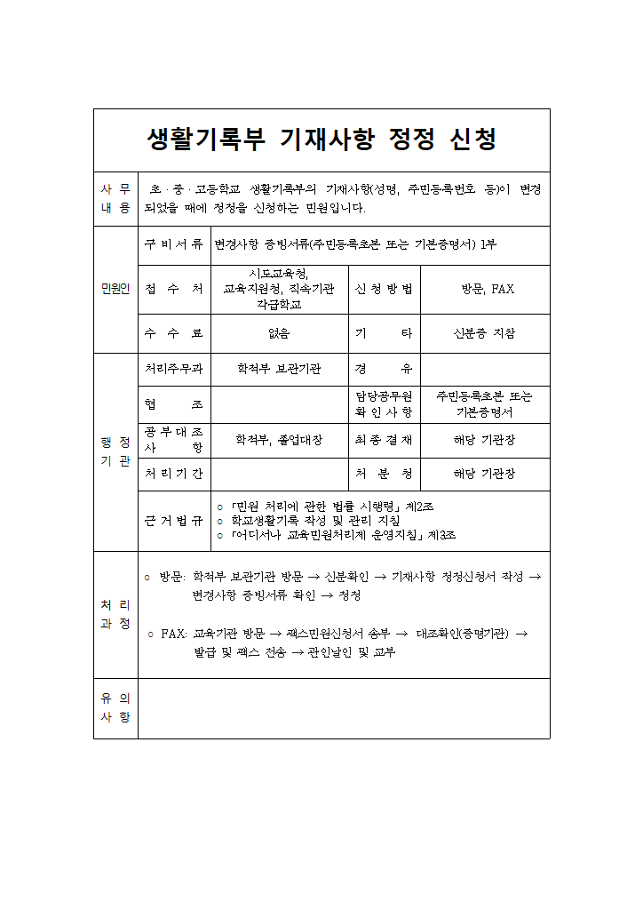 21) 생활기록부 기재사항 정정 신청.hwpx 첫 장 미리보기